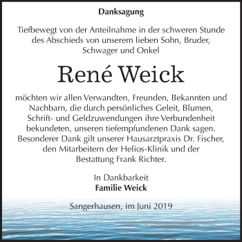 Traueranzeige von Rene Weick von Mitteldeutsche Zeitung Sangerhausen
