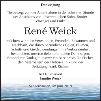 Traueranzeige von Rene Weick von Super Sonntag SGH Mansf. Land