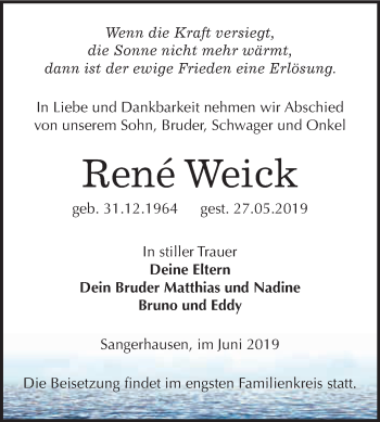 Traueranzeige von Rene Weick von WVG - Wochenspiegel SGH