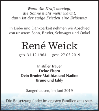 Traueranzeige von Rene Weick von Mitteldeutsche Zeitung Sangerhausen