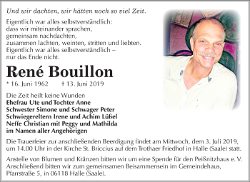 Traueranzeige von René Bouillon von Mitteldeutsche Zeitung Halle/Saalkreis