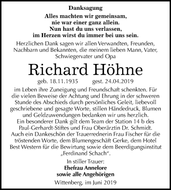 Traueranzeige von Richard Höhne von Mitteldeutsche Zeitung