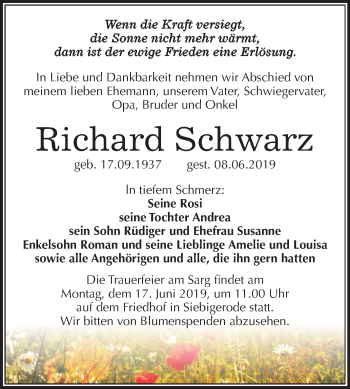 Traueranzeige von Richard Schwarz von Mitteldeutsche Zeitung Mansfelder Land