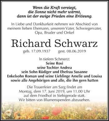 Traueranzeige von Richard Schwarz von Super Sonntag SGH Mansf. Land