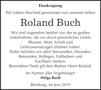 Traueranzeige von Roland Buch von Super Sonntag Bernburg