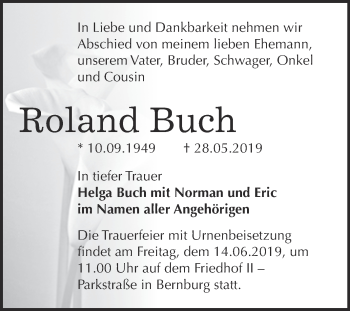 Traueranzeige von Roland Buch von Super Sonntag Bernburg