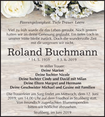 Traueranzeige von Roland Buchmann von WVG - Wochenspiegel Quedlinburg