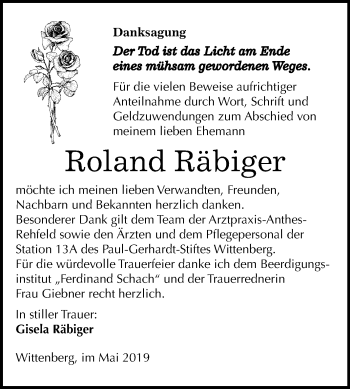 Traueranzeige von Roland Räbiger von Mitteldeutsche Zeitung