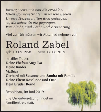 Traueranzeige von Roland Zabel von WVG - Wochenspiegel Dessau / Köthen