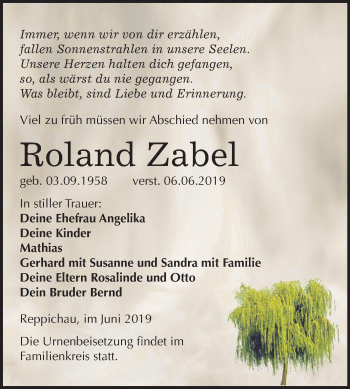 Traueranzeige von Roland Zabel von Mitteldeutsche Zeitung