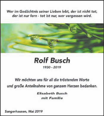 Traueranzeige von Rolf Busch von Super Sonntag SGH Mansf. Land