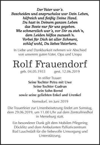 Traueranzeige von Rolf Frauendorf von WVG - Wochenspiegel NMB / WSF / ZTZ