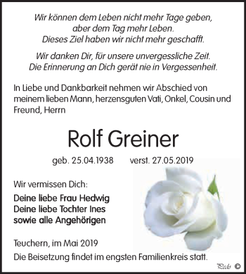 Traueranzeige von Rolf Greiner von WVG - Wochenspiegel NMB / WSF / ZTZ