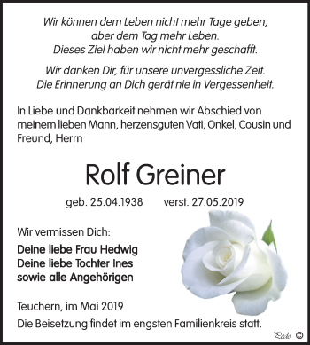 Traueranzeige von Rolf Greiner von Mitteldeutsche Zeitung Weißenfels