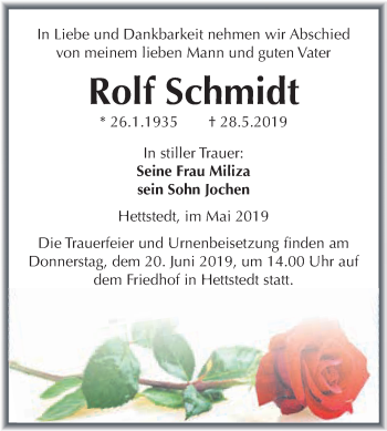 Traueranzeige von Rolf Schmidt von Wochenspiegel Mansfelder Land