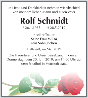 Traueranzeige von Rolf Schmidt von Mitteldeutsche Zeitung Mansfelder Land