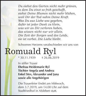 Traueranzeige von Romuald Ryl von Mitteldeutsche Zeitung Bernburg