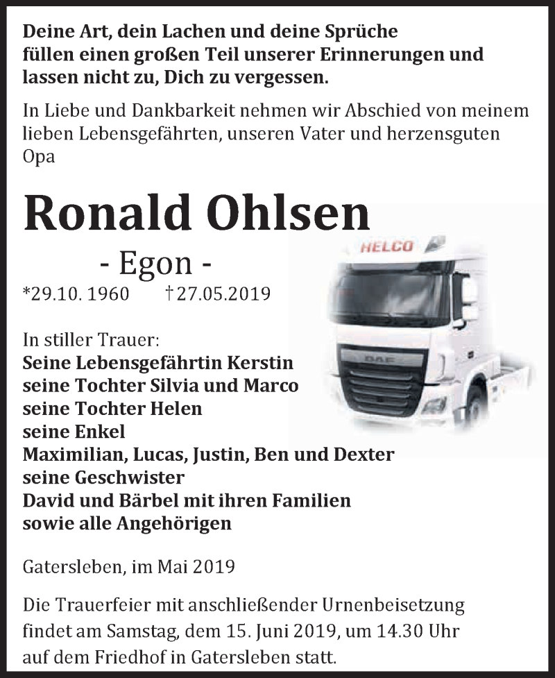  Traueranzeige für Ronald Ohlsen vom 08.06.2019 aus Super Sonntag Aschersleben