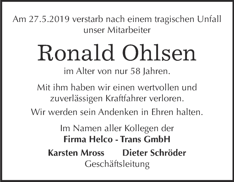  Traueranzeige für Ronald Ohlsen vom 08.06.2019 aus Super Sonntag Quedlinburg