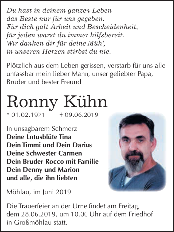 Traueranzeige von Ronny Kühn von WVG - Wochenspiegel Wittenberg