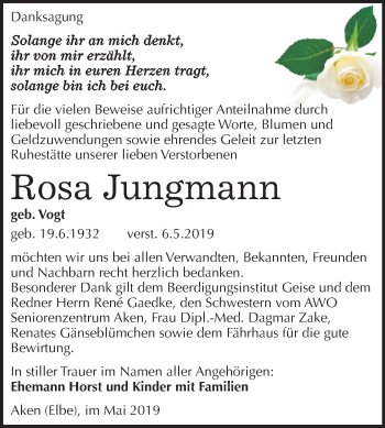 Traueranzeige von Rosa Jungmann von Mitteldeutsche Zeitung Köthen