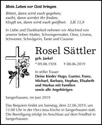 Traueranzeige von Rosel Sättler von Mitteldeutsche Zeitung Sangerhausen