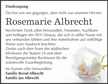 Traueranzeige von Rosemarie Albrecht von WVG - Wochenspiegel Dessau / Köthen
