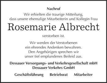 Traueranzeige von Rosemarie Albrecht von Super Sonntag Dessau / Köthen
