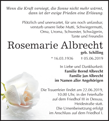 Traueranzeige von Rosemarie Albrecht von Mitteldeutsche Zeitung Dessau-Roßlau