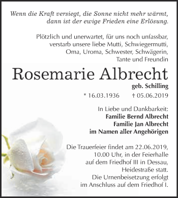 Traueranzeige von Rosemarie Albrecht von WVG - Wochenspiegel Dessau / Köthen