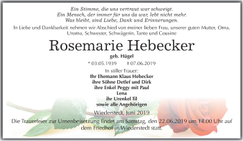 Traueranzeige von Rosemarie Hebecker von Mitteldeutsche Zeitung
