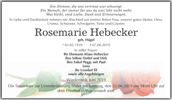 Traueranzeige von Rosemarie Hebecker von Wochenspiegel Mansfelder Land