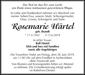 Traueranzeige von Rosemarie Härtel von Mitteldeutsche Zeitung Aschersleben