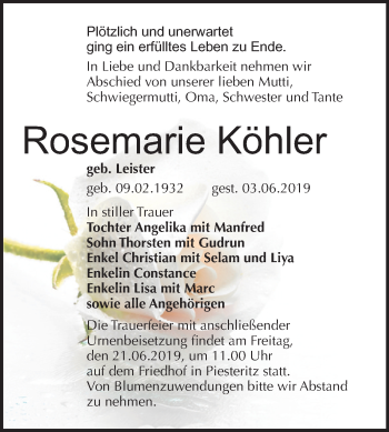 Traueranzeige von Rosemarie Köhler von Mitteldeutsche Zeitung