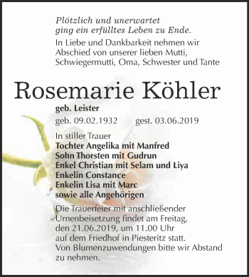 Traueranzeige von Rosemarie Köhler von WVG - Wochenspiegel Wittenberg