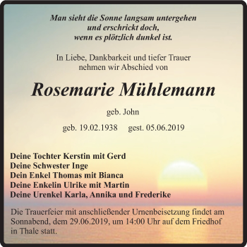 Traueranzeige von Rosemarie Mühlemann von Super Sonntag Quedlinburg