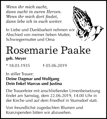 Traueranzeige von Rosemarie Paake von WVG - Wochenspiegel Bitterfeld