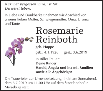 Traueranzeige von Rosemarie Reinboth von Mitteldeutsche Zeitung Merseburg/Querfurt