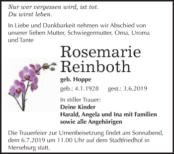 Traueranzeige von Rosemarie Reinboth von WVG - Wochenspiegel Merseburg