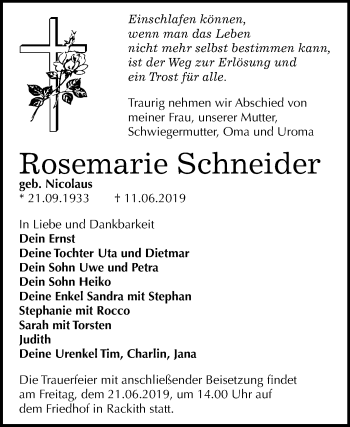 Traueranzeige von Rosemarie Schneider von Mitteldeutsche Zeitung