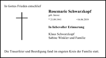 Traueranzeige von Rosemarie Schwarzkopf von Mitteldeutsche Zeitung Merseburg/Querfurt