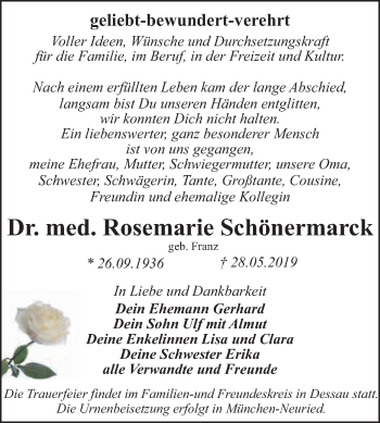 Traueranzeige von Rosemarie Schönermarck von WVG - Wochenspiegel Dessau / Köthen
