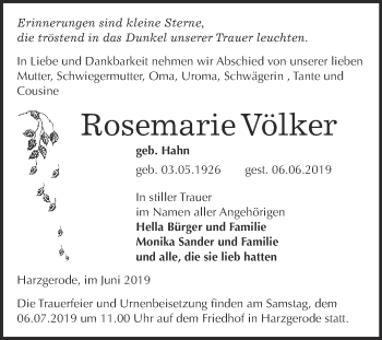 Traueranzeige von Rosemarie Völker von Super Sonntag Quedlinburg