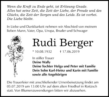 Traueranzeige von Rudi Berger von WVG - Wochenspiegel Bitterfeld