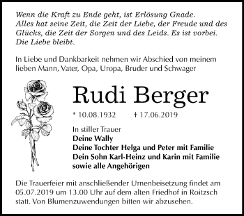 Traueranzeige von Rudi Berger von Mitteldeutsche Zeitung Bitterfeld