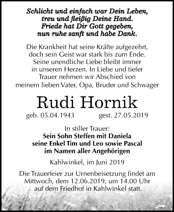 Traueranzeige von Rudi Hornik von Mitteldeutsche Zeitung