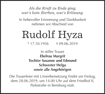 Traueranzeige von Rudolf Hyza von Super Sonntag Bernburg