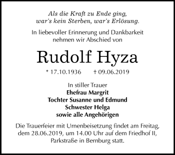 Traueranzeige von Rudolf Hyza von Mitteldeutsche Zeitung Bernburg