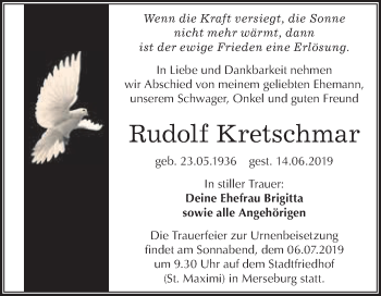 Traueranzeige von Rudolf Kretschmar von WVG - Wochenspiegel Merseburg