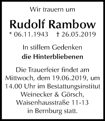 Traueranzeige von Rudolf Rambow von Mitteldeutsche Zeitung Bernburg
